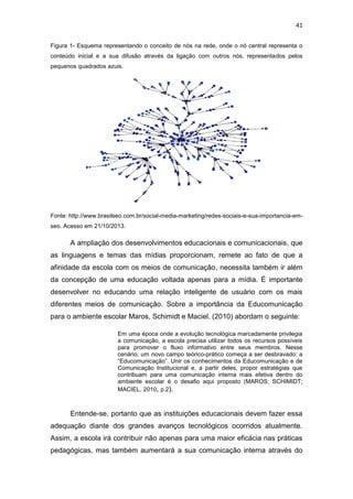 41
Figura 1- Esquema representando o conceito de nós na rede, onde o nó central representa o
conteúdo inicial e a sua difusão através da ligação com outros nós, representados pelos
pequenos quadrados azuis.

Fonte: http://www.brasilseo.com.br/social-media-marketing/redes-sociais-e-sua-importancia-emseo. Acesso em 21/10/2013.

A ampliação dos desenvolvimentos educacionais e comunicacionais, que
as linguagens e temas das mídias proporcionam, remete ao fato de que a
afinidade da escola com os meios de comunicação, necessita também ir além
da concepção de uma educação voltada apenas para a mídia. É importante
desenvolver no educando uma relação inteligente de usuário com os mais
diferentes meios de comunicação. Sobre a importância da Educomunicação
para o ambiente escolar Maros, Schimidt e Maciel. (2010) abordam o seguinte:
Em uma época onde a evolução tecnológica marcadamente privilegia
a comunicação, a escola precisa utilizar todos os recursos possíveis
para promover o fluxo informativo entre seus membros. Nesse
cenário, um novo campo teórico-prático começa a ser desbravado: a
“Educomunicação”. Unir os conhecimentos da Educomunicação e de
Comunicação Institucional e, a partir deles, propor estratégias que
contribuam para uma comunicação interna mais efetiva dentro do
ambiente escolar é o desafio aqui proposto (MAROS; SCHIMIDT;
MACIEL, 2010, p.2).

Entende-se, portanto que as instituições educacionais devem fazer essa
adequação diante dos grandes avanços tecnológicos ocorridos atualmente.
Assim, a escola irá contribuir não apenas para uma maior eficácia nas práticas
pedagógicas, mas também aumentará a sua comunicação interna através do

 