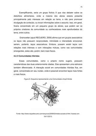 75

Exemplificando, seria um grupo fictício X que visa debater sobre os
distúrbios

alimentares,

onde

a

maioria

dos

atores

estaria

presente

principalmente pelo interesse em relação ao tema, e não para promover
divulgação de conteúdo, ou trocar informações sobre o assunto. Isso, em geral,
ficaria concentrado em um pequeno grupo de atores, que podem ser os
próprios criadores da comunidade ou conhecedores mais aprofundados do
tema, entre outros.
Granovetter (apud RECUERO, 2009) afirma que em grupos associativos
os laços não possuem reciprocidade, intimidade e intensidade emocional,
seriam, portanto, laços associativos. Embora, possam existir laços com
relações mais intensas e com interações mútuas, como nas comunidades
emergentes, estes são, porém, bem mais fracos.
4.2.3 Comunidades híbridas
Essas

comunidades,

como

o

próprio

nome

sugere,

possuem

características das duas anteriormente citadas. Elas apresentam uma estrutura
também diferenciada. A interação social em comunidades híbridas fica, em
geral, concentrada em seu núcleo, onde é possível encontrar laços mais fortes
e mais fracos.
Figura 6- Esquema representando uma Comunidade virtual híbrida

Fonte: http://www.raquelrecuero.com/arquivos/2009/03/redes-sociais-d.html. Acesso em:
18/11/2013.

 