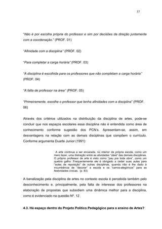 37




“Não é por escolha própria do professor e sim por decisões da direção juntamente
com a coordenação.” (PROF. 01)


“Afinidade com a disciplina’’ (PROF. 02)


“Para completar a carga horária” (PROF. 03)


“A disciplina é escolhida para os professores que não completam a carga horária’’
(PROF. 04)


“A falta de professor na área’’ (PROF. 05)


“Primeiramente, escolhe o professor que tenha afinidades com a disciplina” (PROF.
06)


Através dos critérios utilizados na distribuição da disciplina de artes, pode-se
concluir que nos espaços escolares essa disciplina não é entendida como área de
conhecimento    conforme     sugestão      dos    PCN’s.     Apresentam-se,        assim,     em
desvantagens na relação com as demais disciplinas que compõem o currículo.
Conforme argumenta Duarte Junior (1991):


                       A arte continua a ser encarada, no interior da própria escola, como um
                     mero lazer, uma distração entre as atividades “úteis” das demais disciplinas.
                     O próprio professor de arte é visto como “pau pra toda obra”, como um
                     quebra galho. Frequentemente ele é obrigado a ceder suas aulas para
                     “aulas de reposição” de outras disciplinas, quando não é lhe dado à
                     incumbência de “decorar” a escola e os “carros-alegóricos” para as
                     festividades cívicas. (p. 83)


A banalização pela disciplina de artes no contexto escola é percebida também pelo
desconhecimento e, principalmente, pela falta de interesse dos professores na
elaboração de propostas que subsidiem uma dinâmica melhor para a disciplina,
como é evidenciado na questão Nº. 12


4.3. Há espaço dentro do Projeto Político Pedagógico para o ensino de Artes?
 