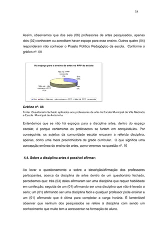 38




Assim, observamos que dos seis (06) professores de artes pesquisados, apenas
dois (02) conhecem ou acreditam haver espaço para esse ensino. Outros quatro (04)
responderam não conhecer o Projeto Político Pedagógico da escola. Conforme o
gráfico nº. 08



         Há espaço para o ensino de artes no PPP da escola

                                  Não há PPP
                                   na escola
                                      0%             Sim
                                                     33%



               Não sei , não                         Não
              conheço o PPP                          0%
                   67%




        Sim     Não   Não sei , não conheço o PPP   Não há PPP na escola



Gráfico nº. 08
Fonte: Questionário fechado aplicados aos professores de arte da Escola Municipal de Vila Medrado
e Escola Municipal de Andorinha.


Entendemos que se não há espaços para a disciplina artes, dentro do espaço
escolar, é porque certamente os professores se furtam em conquistá-los. Por
conseguinte, os sujeitos da comunidade escolar encaram a referida disciplina,
apenas, como uma mera preenchedora de grade curricular. O que significa uma
concepção errônea do ensino de artes, como veremos na questão nº. 10


4.4. Sobre a disciplina artes é possível afirmar:


Ao levar o questionamento a sobre a descrição/afirmação dos professores
participantes, acerca da disciplina de artes dentro de um questionário fechado,
percebemos que: três (03) deles afirmaram ser uma disciplina que requer habilidade
em confecção; seguida de um (01) afirmando ser uma disciplina que não é levado a
serio; um (01) afirmando ser uma disciplina fácil e qualquer professor pode ensinar e
um (01) afirmando que é ótima para completar a carga horária. É lamentável
observar que nenhum dos pesquisados se refere à disciplina com sendo um
conhecimento que muito tem a acrescentar na formação do aluno.
 