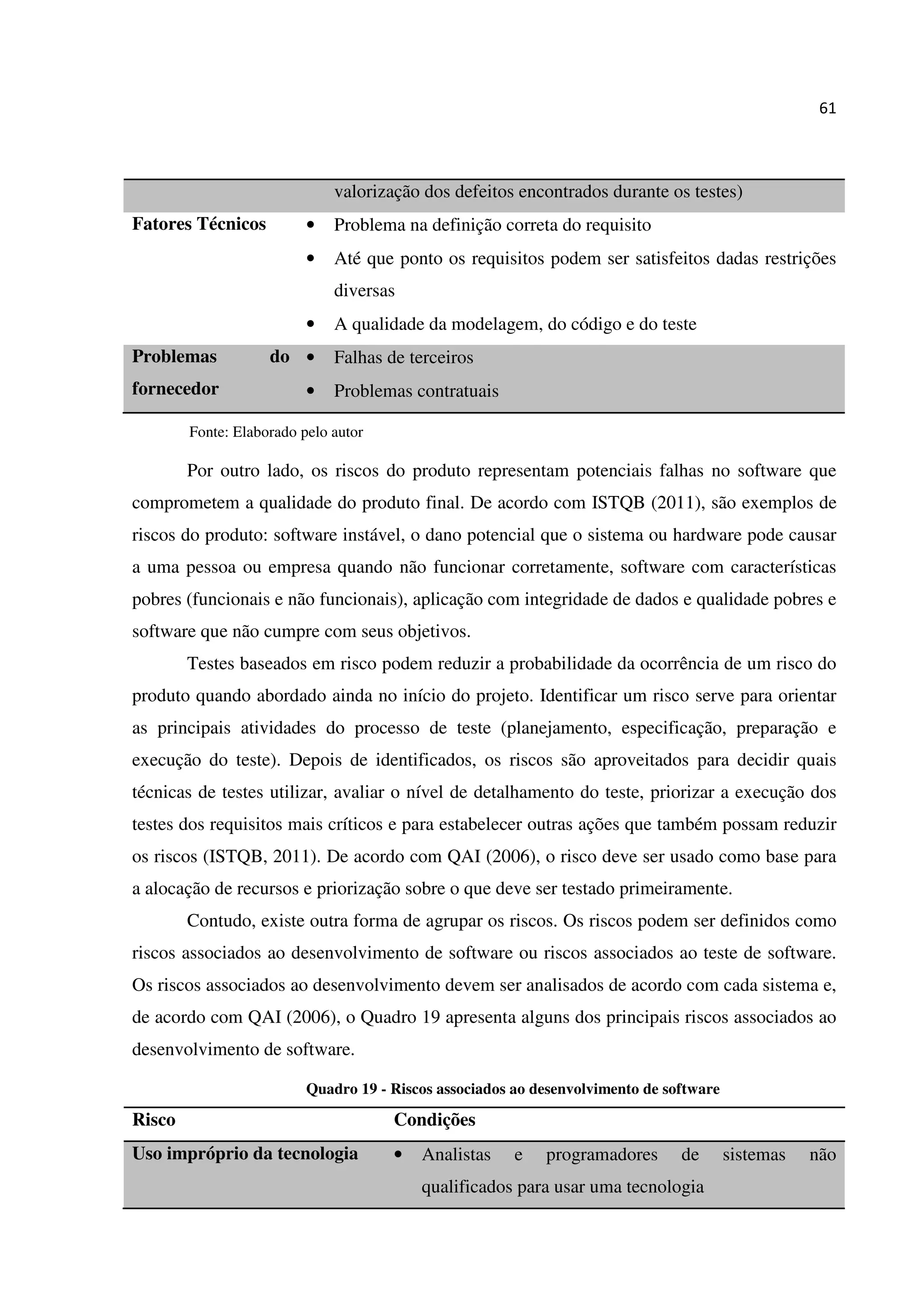 61
valorização dos defeitos encontrados durante os testes)
Fatores Técnicos • Problema na definição correta do requisito
• Até que ponto os requisitos podem ser satisfeitos dadas restrições
diversas
• A qualidade da modelagem, do código e do teste
Problemas do
fornecedor
• Falhas de terceiros
• Problemas contratuais
Fonte: Elaborado pelo autor
Por outro lado, os riscos do produto representam potenciais falhas no software que
comprometem a qualidade do produto final. De acordo com ISTQB (2011), são exemplos de
riscos do produto: software instável, o dano potencial que o sistema ou hardware pode causar
a uma pessoa ou empresa quando não funcionar corretamente, software com características
pobres (funcionais e não funcionais), aplicação com integridade de dados e qualidade pobres e
software que não cumpre com seus objetivos.
Testes baseados em risco podem reduzir a probabilidade da ocorrência de um risco do
produto quando abordado ainda no início do projeto. Identificar um risco serve para orientar
as principais atividades do processo de teste (planejamento, especificação, preparação e
execução do teste). Depois de identificados, os riscos são aproveitados para decidir quais
técnicas de testes utilizar, avaliar o nível de detalhamento do teste, priorizar a execução dos
testes dos requisitos mais críticos e para estabelecer outras ações que também possam reduzir
os riscos (ISTQB, 2011). De acordo com QAI (2006), o risco deve ser usado como base para
a alocação de recursos e priorização sobre o que deve ser testado primeiramente.
Contudo, existe outra forma de agrupar os riscos. Os riscos podem ser definidos como
riscos associados ao desenvolvimento de software ou riscos associados ao teste de software.
Os riscos associados ao desenvolvimento devem ser analisados de acordo com cada sistema e,
de acordo com QAI (2006), o Quadro 19 apresenta alguns dos principais riscos associados ao
desenvolvimento de software.
Quadro 19 - Riscos associados ao desenvolvimento de software
Risco Condições
Uso impróprio da tecnologia • Analistas e programadores de sistemas não
qualificados para usar uma tecnologia
 