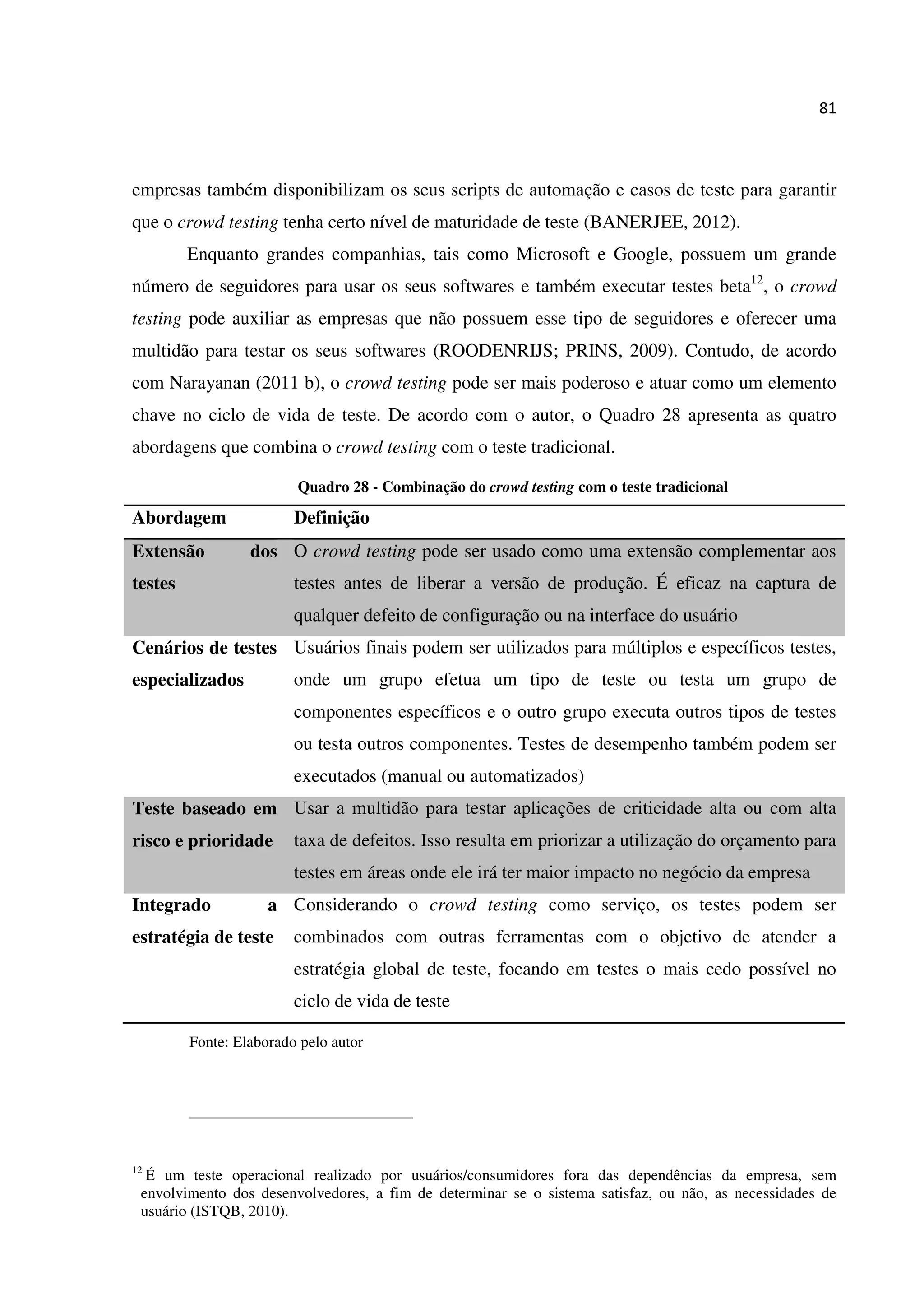 81
empresas também disponibilizam os seus scripts de automação e casos de teste para garantir
que o crowd testing tenha certo nível de maturidade de teste (BANERJEE, 2012).
Enquanto grandes companhias, tais como Microsoft e Google, possuem um grande
número de seguidores para usar os seus softwares e também executar testes beta12
, o crowd
testing pode auxiliar as empresas que não possuem esse tipo de seguidores e oferecer uma
multidão para testar os seus softwares (ROODENRIJS; PRINS, 2009). Contudo, de acordo
com Narayanan (2011 b), o crowd testing pode ser mais poderoso e atuar como um elemento
chave no ciclo de vida de teste. De acordo com o autor, o Quadro 28 apresenta as quatro
abordagens que combina o crowd testing com o teste tradicional.
Quadro 28 - Combinação do crowd testing com o teste tradicional
Abordagem Definição
Extensão dos
testes
O crowd testing pode ser usado como uma extensão complementar aos
testes antes de liberar a versão de produção. É eficaz na captura de
qualquer defeito de configuração ou na interface do usuário
Cenários de testes
especializados
Usuários finais podem ser utilizados para múltiplos e específicos testes,
onde um grupo efetua um tipo de teste ou testa um grupo de
componentes específicos e o outro grupo executa outros tipos de testes
ou testa outros componentes. Testes de desempenho também podem ser
executados (manual ou automatizados)
Teste baseado em
risco e prioridade
Usar a multidão para testar aplicações de criticidade alta ou com alta
taxa de defeitos. Isso resulta em priorizar a utilização do orçamento para
testes em áreas onde ele irá ter maior impacto no negócio da empresa
Integrado a
estratégia de teste
Considerando o crowd testing como serviço, os testes podem ser
combinados com outras ferramentas com o objetivo de atender a
estratégia global de teste, focando em testes o mais cedo possível no
ciclo de vida de teste
Fonte: Elaborado pelo autor
12
É um teste operacional realizado por usuários/consumidores fora das dependências da empresa, sem
envolvimento dos desenvolvedores, a fim de determinar se o sistema satisfaz, ou não, as necessidades de
usuário (ISTQB, 2010).
 