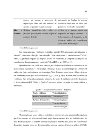 42
cumpre as normas e processos da
organização, com base em métodos de
revisão ou que não execute o código
executando as funções do sistema
através de uma série de testes que
podem ser observados e avaliados
Rios e
Moreira
Realizar inspeções/revisões sobre os
produtos gerados pelas diversas etapas do
processo de teste
Avaliar se o sistema atende aos
requisitos do projeto (usuário). Os
testes unitários, de integração e de
aceitação podem ser classificados
como testes de validação
Fonte: Elaborado pelo autor
Em outras palavras, verificação responde a questão “Nós construímos corretamente o
sistema?”, enquanto validação visa responder “Nós construímos o sistema correto?” (QAI,
2006). “A primeira pergunta diz respeito ao que foi construído, e a segunda diz respeito ao
entendimento do que era para ser construído” (BASTOS et al., 2007, p. 31).
Quando se fala em verificação e validação, é fundamental diferenciar duas técnicas de
teste: estática e dinâmica. “Teste estático é realizado usando a documentação do software. O
código não é executado durante o teste estático. Teste dinâmico requer que o código esteja em
um estado executável para realizar os testes” (QAI, 2006, p. 117). A maior parte dos testes de
verificação é do tipo estático, enquanto a maioria dos testes de validação são testes dinâmicos
e, de acordo com QAI (2006), o Quadro 7 apresenta alguns exemplos de testes estáticos e
dinâmicos.
Quadro 7 - Exemplo de testes estáticos e dinâmicos
Testes estáticos Testes dinâmicos
Revisão de viabilidade Teste unitário
Revisão de requisitos Teste de integração
Teste de sistema
Teste de aceitação
Fonte: Elaborado pelo autor
Os exemplos de testes estáticos e dinâmicos ocorrem em uma determinada sequência
que é representada por diferentes níveis de testes. O teste estático deve ser realizado antes do
teste dinâmico (e pode se estender ao longo do processo de teste) para, ainda nas fases iniciais
do projeto, detectar erros nas documentações antes de virarem defeitos no código (ISTQB,
 