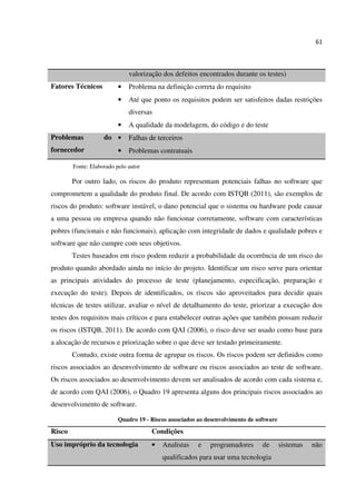 61
valorização dos defeitos encontrados durante os testes)
Fatores Técnicos • Problema na definição correta do requisito
• Até que ponto os requisitos podem ser satisfeitos dadas restrições
diversas
• A qualidade da modelagem, do código e do teste
Problemas do
fornecedor
• Falhas de terceiros
• Problemas contratuais
Fonte: Elaborado pelo autor
Por outro lado, os riscos do produto representam potenciais falhas no software que
comprometem a qualidade do produto final. De acordo com ISTQB (2011), são exemplos de
riscos do produto: software instável, o dano potencial que o sistema ou hardware pode causar
a uma pessoa ou empresa quando não funcionar corretamente, software com características
pobres (funcionais e não funcionais), aplicação com integridade de dados e qualidade pobres e
software que não cumpre com seus objetivos.
Testes baseados em risco podem reduzir a probabilidade da ocorrência de um risco do
produto quando abordado ainda no início do projeto. Identificar um risco serve para orientar
as principais atividades do processo de teste (planejamento, especificação, preparação e
execução do teste). Depois de identificados, os riscos são aproveitados para decidir quais
técnicas de testes utilizar, avaliar o nível de detalhamento do teste, priorizar a execução dos
testes dos requisitos mais críticos e para estabelecer outras ações que também possam reduzir
os riscos (ISTQB, 2011). De acordo com QAI (2006), o risco deve ser usado como base para
a alocação de recursos e priorização sobre o que deve ser testado primeiramente.
Contudo, existe outra forma de agrupar os riscos. Os riscos podem ser definidos como
riscos associados ao desenvolvimento de software ou riscos associados ao teste de software.
Os riscos associados ao desenvolvimento devem ser analisados de acordo com cada sistema e,
de acordo com QAI (2006), o Quadro 19 apresenta alguns dos principais riscos associados ao
desenvolvimento de software.
Quadro 19 - Riscos associados ao desenvolvimento de software
Risco Condições
Uso impróprio da tecnologia • Analistas e programadores de sistemas não
qualificados para usar uma tecnologia
 