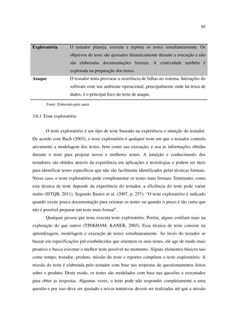 65
Exploratória O testador planeja, executa e reporta os testes simultaneamente. Os
objetivos de teste são ajustados dinamicamente durante a execução e não
são elaboradas documentações formais. A criatividade também é
explorada na preparação dos testes.
Ataque O testador tenta provocar a ocorrência de falhas no sistema. Interações do
software com seu ambiente operacional, principalmente onde há troca de
dados, é o principal foco do teste de ataque.
Fonte: Elaborado pelo autor
3.6.1 Teste exploratório
O teste exploratório é um tipo de teste baseado na experiência e intuição do testador.
De acordo com Bach (2003), o teste exploratório é qualquer teste em que o testador controla
ativamente a modelagem dos testes, bem como sua execução, e usa as informações obtidas
durante o teste para projetar novos e melhores testes. A intuição e conhecimento dos
testadores são obtidos através da experiência em aplicações e tecnologias e podem ser úteis
para identificar testes específicos que não são facilmente identificados pelas técnicas formais.
Nesse caso, o teste exploratório pode complementar os testes mais formais. Entretanto, como
esta técnica de teste depende da experiência do testador, a eficiência do teste pode variar
muito (ISTQB, 2011). Segundo Bastos et al. (2007, p. 257): “O teste exploratório é indicado
quando existe pouca documentação para orientar os testes ou quando o prazo é tão curto que
não é possível preparar um teste mais formal”.
Qualquer pessoa que testa executa teste exploratório. Porém, alguns confiam mais na
exploração do que outros (TINKHAM; KANER, 2003). Essa técnica de teste consiste na
aprendizagem, modelagem e execução de testes simultaneamente. Ao invés do testador se
basear em especificações pré-estabelecidas que orientem os seus testes, ele age de modo mais
proativo e busca executar o melhor teste possível no momento. Alguns elementos básicos tais
como tempo, testador, produto, missão do teste e reportes compõem o teste exploratório. A
missão do teste é elaborada pelo testador com base nas respostas de questionamentos feitos
sobre o produto. Deste modo, os testes são modelados com base nas questões e executados
para obter as respostas. Algumas vezes, o teste pode não responder completamente a uma
questão e por isso deve ser ajustado e novas tentativas devem ser realizadas até que a missão
 