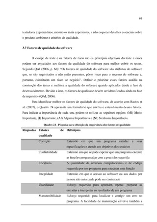 69
testadores exploratórios, mesmo os mais experientes, a não esquecer detalhes essenciais sobre
o produto, ambiente e critérios de qualidade.
3.7 Fatores de qualidade do software
O escopo de teste e os fatores de risco são os principais objetivos do teste e esses
podem ser associados aos fatores de qualidade do software para melhor cobrir os testes.
Segundo QAI (2006, p. 66): “Os fatores de qualidade do software são atributos do software
que, se são requisitados e não estão presentes, põem risco para o sucesso do software e,
portanto, constituem um risco de negócio”. Definir e priorizar esses fatores auxilia na
construção dos testes e melhora a qualidade do software quando aplicados desde a fase de
desenvolvimento. Devido a isso, os fatores de qualidade devem ser identificados ainda na fase
de requisitos (QAI, 2006).
Para identificar melhor os fatores de qualidade do software, de acordo com Bastos et
al. (2007), o Quadro 24 apresenta um formulário que auxilia o entendimento desses fatores.
Para indicar a importância de cada um, podem-se utilizar as seguintes opções: (MI) Muito
Importante, (I) Importante, (AI) Alguma Importância e (NI) Nenhuma Importância.
Quadro 24 - Pesquisa para obtenção da importância dos fatores de qualidade
Respostas Fatores de
qualidade
Definições
Correção Extensão em que um programa satisfaz a suas
especificações e atende aos objetivos dos usuários
Confiabilidade Extensão em que se pode esperar que um programa execute
as funções programadas com a precisão requerida
Eficiência A quantidade de recursos computacionais e de código
requerida por um programa para executar uma função
Integridade Extensão em que o acesso ao software ou aos dados por
pessoa não autorizada pode ser controlado
Usabilidade Esforço requerido para aprender, operar, preparar as
entradas e interpretar os resultados de um programa
Manutenibilidade Esforço requerido para localizar e corrigir um erro no
programa. A facilidade de manutenção envolve também a
 