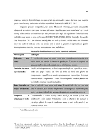 81
empresas também disponibilizam os seus scripts de automação e casos de teste para garantir
que o crowd testing tenha certo nível de maturidade de teste (BANERJEE, 2012).
Enquanto grandes companhias, tais como Microsoft e Google, possuem um grande
número de seguidores para usar os seus softwares e também executar testes beta12
, o crowd
testing pode auxiliar as empresas que não possuem esse tipo de seguidores e oferecer uma
multidão para testar os seus softwares (ROODENRIJS; PRINS, 2009). Contudo, de acordo
com Narayanan (2011 b), o crowd testing pode ser mais poderoso e atuar como um elemento
chave no ciclo de vida de teste. De acordo com o autor, o Quadro 28 apresenta as quatro
abordagens que combina o crowd testing com o teste tradicional.
Quadro 28 - Combinação do crowd testing com o teste tradicional
Abordagem Definição
Extensão dos
testes
O crowd testing pode ser usado como uma extensão complementar aos
testes antes de liberar a versão de produção. É eficaz na captura de
qualquer defeito de configuração ou na interface do usuário
Cenários de testes
especializados
Usuários finais podem ser utilizados para múltiplos e específicos testes,
onde um grupo efetua um tipo de teste ou testa um grupo de
componentes específicos e o outro grupo executa outros tipos de testes
ou testa outros componentes. Testes de desempenho também podem ser
executados (manual ou automatizados)
Teste baseado em
risco e prioridade
Usar a multidão para testar aplicações de criticidade alta ou com alta
taxa de defeitos. Isso resulta em priorizar a utilização do orçamento para
testes em áreas onde ele irá ter maior impacto no negócio da empresa
Integrado a
estratégia de teste
Considerando o crowd testing como serviço, os testes podem ser
combinados com outras ferramentas com o objetivo de atender a
estratégia global de teste, focando em testes o mais cedo possível no
ciclo de vida de teste
Fonte: Elaborado pelo autor
12
É um teste operacional realizado por usuários/consumidores fora das dependências da empresa, sem
envolvimento dos desenvolvedores, a fim de determinar se o sistema satisfaz, ou não, as necessidades de
usuário (ISTQB, 2010).
 