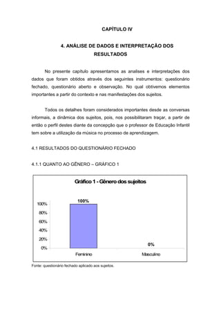 41


                                          CAPÍTULO IV


                 4. ANÁLISE DE DADOS E INTERPRETAÇÃO DOS
                                     RESULTADOS


       No presente capítulo apresentamos as analises e interpretações dos
dados que foram obtidos através dos seguintes instrumentos: questionário
fechado, questionário aberto e observação. No qual obtivemos elementos
importantes a partir do contexto e nas manifestações dos sujeitos.


       Todos os detalhes foram considerados importantes desde as conversas
informais, a dinâmica dos sujeitos, pois, nos possibilitaram traçar, a partir de
então o perfil destes diante da concepção que o professor de Educação Infantil
tem sobre a utilização da música no processo de aprendizagem.


4.1 RESULTADOS DO QUESTIONÁRIO FECHADO


4.1.1 QUANTO AO GÊNERO – GRÁFICO 1


                          Gráfico 1 - Gênero dos sujeitos

   120%
                           100%
   100%

    80%

    60%

    40%

    20%
                                                            0%
     0%
                          Feminino                      Masculino

Fonte: questionário fechado aplicado aos sujeitos.
 