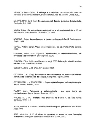 59


MÁRSICO, Leda Osório. A criança e a música: um estudo de como se
processa o desenvolvimento musical da criança. Rio de Janeiro: Globo, 1982.


MINAYO, Mª C. de S. (org). Pesquisa social: Teoria, Método e Criatividade.
Petrópolis, RJ, 2003;


MORIN, Edgar. Os sete saberes necessários a educação do futuro. 10. ed
Sao Paulo: Cortez; Brasília, DF: UNESCO, 2005.


NEGRINE, Airton. Aprendizagem e desenvolvimento infantil. Porto Alegre:
Prodil, 1994;

NÓVOA, António (org.). Vidas de professores. 2a ed. Porto: Porto Editora,
2000.

OLIVEIRA, Marta Kohl. Vigotsky: Aprendizado e desenvolvimento; um
processo sociohistorico. SP: Scipione, 2001;

OLIVEIRA, Zilma de Moraes Ramos de (org). 2000. Educação infantil: muitos
olhares. 4.ed. São Paulo: Cortez.

OLIVEIRA, Zilma M. R. 5ª ed. SP: Cortez, 2001.


OSTETTO, L. E. (Org.). Encontros e encantamentos na educação infantil:
partilhando experiências de estágio. Campinas, Papirus, 2002

OSTRANDER, L. e SCHOEDER, L. Super-aprendizagem pela sugestologia.
Rio de Janeiro: Record, 1978


PIAGET, Jean. Psicologia e epistemologia : por uma teoria do
conhecimento. Rio de Janeiro: Forense, 1973.

PRIORE, M. L. M. . História das crianças no Brasil. 1. ed. São Paulo:
Contexto, 1999. v. 1


ROSA, Nereide S. Santana. Educação musical para pré-escola. São Paulo:
Ática,1990.

REIS, Minervina. J. E. O olhar do profesor – aluno na sua formação
acadêmica: Avanços e desafios/ Salvador : Ed. EGBA, 2003;
 
