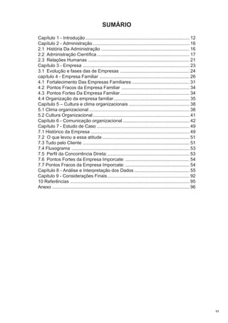 SUMÁRIO
Capítulo 1 - Introdução ................................................................................. 12
Capítulo 2 - Administração ........................................................................... 16
2.1 História Da Administração ..................................................................... 16
2.2 Administração Científica ........................................................................ 17
2.3 Relações Humanas ............................................................................... 21
Capítulo 3 - Empresa ................................................................................... 23
3.1 Evolução e fases das de Empresas ...................................................... 24
capítulo 4 - Empresa Familiar ...................................................................... 26
4.1 Fortalecimento Das Empresas Familiares ............................................. 31
4.2 Pontos Fracos da Empresa Familiar ..................................................... 34
4.3 Pontos Fortes Da Empresa Familiar ...................................................... 34
4.4 Organização da empresa familiar ........................................................... 35
Capítulo 5 – Cultura e clima organizacionais ............................................... 38
5.1 Clima organizacional .............................................................................. 38
5.2 Cultura Organizacional ........................................................................... 41
Capítulo 6 - Comunicação organizacional .................................................... 42
Capítulo 7 - Estudo de Caso ........................................................................ 49
7.1 Histórico da Empresa ............................................................................. 49
7.2 O que levou a essa atitude .................................................................... 51
7.3 Tudo pelo Cliente ................................................................................... 51
7.4 Fluxograma ............................................................................................ 53
7.5 Perfil da Concorrência Direta:................................................................ 53
7.6 Pontos Fortes da Empresa Imporcate: .................................................. 54
7.7 Pontos Fracos da Empresa Imporcate: .................................................. 54
Capítulo 8 - Análise e Interpretação dos Dados ........................................... 55
Capitulo 9 - Considerações Finais ................................................................ 92
10 Referências ............................................................................................. 95
Anexo ........................................................................................................... 96

11

 