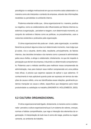 psicológica e o estágio motivacional em que se encontra cada colaborador e a
maneira como ele interpreta o contexto da empresa, através das informações
recebidas ou percebidas no ambiente interno.
Podemos entender então que, clima organizacional é a maneira, positiva
ou negativa, como os colaboradores são influenciados por fatores internos ou
externos à organização, percebem e reagem, num determinado momento, ao
conjunto de variáveis e fatores como as políticas, os procedimentos, usos e
costumes existentes e praticados pela organização.
O clima organizacional não pode ser criado pela organização, no sentido
literal de se produzir alguma coisa num determinado momento, mas é algo que
já existe, vivo e atuante, dentro dela, resultante, principalmente, de fatores
internos, das decisões tomadas e da maneira como o pessoal é administrado
pelos seus chefes, e atinge o colaborador, diretamente, no que diz respeito à
percepção que ele tem da empresa, induzindo-o a determinado comportamento. Podemos usar o método científico para melhorar nossa compreensão da
administração, mas para traduzir essa melhor compreensão em uma prática
mais eficaz, é preciso que sejamos capazes de aplicar o que sabemos. O
conhecimento é mais aplicável quando pode ser expresso em termos de relações de causa e efeito, uma vez identificadas essas relações, geralmente podemos manipular as causa e efeito, específicos que desejamos para maior
produtividade ou satisfação no trabalho.(WAGNER III; HOLLENBECK, 2003)

5.2 CULTURA ORGANIZACIONAL
O clima organizacional está ligado, diretamente, à maneira como o colaborador percebe a cultura organizacional que é um sistema de valores, crenças,
normas e hábitos compartilhados, que rege a interação dos elementos da organização. A interpretação de tudo isso é como ele reage, positiva ou negativamente, ao ambiente de trabalho.
41

 