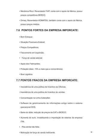 • Mecânica Ricci: Revendedor FIAT, conta com o apoio da fábrica, possui
preços competitivos BERCO;
• Dimaq: Revendedor KOMATSU, também conta com o apoio da fábrica,
possui preços médios.

7.6 PONTOS FORTES DA EMPRESA IMPORCATE:
• Bom Estoque;
• Situação Financeira Estável;
• Preços Competitivos;
• Faturamento em expansão;
• Força de venda setorial;
• Apoio dos Fabricantes;
• Proteção (desc. 15% a mais que a concorrência);
• Boa Logística.

7.7 PONTOS FRACOS DA EMPRESA IMPORCATE:
• Inexistência de uma política de Incentivo às Oficinas;
• Inexistência de uma política de Incentivo às vendas;
• Concentração na Linha Caterpillar;
• Software de gerenciamento de informações antigo sobre o sistema
operacional DOS.
• Baixa do dólar, redução de preços da CAT e BERCO;
• Aumento do euro, inviabilizando a importação de esteiras da empresa
ITM;
• Pós-venda não feita;
• Motivação de força de venda ineficiente;

54

 