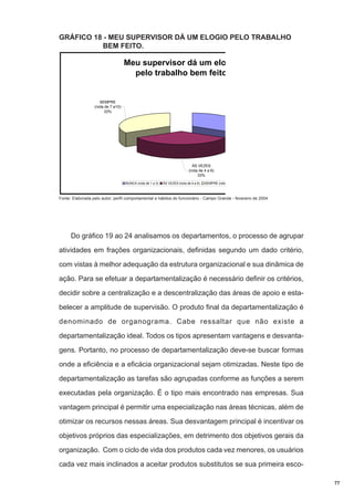 GRÁFICO 18 - MEU SUPERVISOR DÁ UM ELOGIO PELO TRABALHO
BEM FEITO.

Meu supervisor dá um elog
pelo trabalho bem feito

SEMPRE
(nota de 7 a10)
33%

ÁS VEZES
(nota de 4 a 6)
33%
NUNCA (nota de 1 a 3)

ÁS VEZES (nota de 4 a 6)

SEMPRE (nota

Fonte: Elaborada pelo autor; perfil comportamental e hábitos do funcionário - Campo Grande - fevereiro de 2004

Do gráfico 19 ao 24 analisamos os departamentos, o processo de agrupar
atividades em frações organizacionais, definidas segundo um dado critério,
com vistas à melhor adequação da estrutura organizacional e sua dinâmica de
ação. Para se efetuar a departamentalização é necessário definir os critérios,
decidir sobre a centralização e a descentralização das áreas de apoio e estabelecer a amplitude de supervisão. O produto final da departamentalização é
denominado de organograma. Cabe ressaltar que não existe a
departamentalização ideal. Todos os tipos apresentam vantagens e desvantagens. Portanto, no processo de departamentalização deve-se buscar formas
onde a eficiência e a eficácia organizacional sejam otimizadas. Neste tipo de
departamentalização as tarefas são agrupadas conforme as funções a serem
executadas pela organização. É o tipo mais encontrado nas empresas. Sua
vantagem principal é permitir uma especialização nas áreas técnicas, além de
otimizar os recursos nessas áreas. Sua desvantagem principal é incentivar os
objetivos próprios das especializações, em detrimento dos objetivos gerais da
organização. Com o ciclo de vida dos produtos cada vez menores, os usuários
cada vez mais inclinados a aceitar produtos substitutos se sua primeira esco77

 