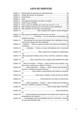 LISTA DE GRÁFICOS
Gráfico 1 - Distribuição de pessoas por departamentos .............................. 56
Gráfico 2 - Tempo de serviço na empresa. .................................................. 57
Gráfico 3 - Faixa Etária. ............................................................................... 59
Gráfico 4 - Sexo........................................................................................... 59
Gráfico 5 - Faz alguma atividade com lazer ou hobby. ................................ 60
Gráfico 6 - Qual? Lazer e Hobby. ................................................................ 60
Gráfico 7 - Faço o tipo de trabalho que quero de nota de 1 a 10. ............... 67
Gráfico 8 - Meu trabalho permite que eu aprenda novas habilidades. ........ 70
Gráfico 9 - Meu trabalho me dá senso de realização. ................................. 70
Gráfico 10 - ................................ Meu trabalho tem metas a serem atingidas.
71
Gráfico 11- Meu grupo de trabalho funciona como um time. ........................ 71
Gráfico 12 - ......................... O esforço — Eu me sinto bem remunerado pelo
trabalho que faço. ...................................................................... 72
Gráfico 13 - .. As pessoas do meu grupo de trabalho têm habilidade e treinamentos para fazer bem seu trabalhos. ...................................... 72
Gráfico 14 - Orgulho — Tenho o orgulho de dizer aos outros que trabalho na
Imporcate. .................................................................................. 73
Gráfico 15 - ....... Lealdade — Tenho um senso de lealdade com a Imporcate
73
Gráfico 16 - ...................................Meu supervisor é amigável e colaborador.
76
Gráfico 17 - Meu supervisor detecta meus erros, comenta, colabora e refaço.
76
Gráfico 18 - ................. Meu supervisor dá um elogio pelo trabalho bem feito.
77
Gráfico 19 - Setor de vendas — Tempo — Qual o tempo para localizar, conferir e tirar a nota para o cliente (10 itens). ................................ 80
Gráfico 20 - ....... Setor financeiro — Tempo — Qual o tempo para localizar e
aprovar o crédito do cliente (10 itens)........................................ 80
Gráfico 21 - .....................Este crédito é permanente para todas as compras.
81
Gráfico 22 - ........................... Você refaz o crédito a cada compra do cliente.
81
Gráfico 23 - ...................................... Você já pensou em fazer um teto limite.
82
Gráfico 24 - ....... Setor expedição — tempo — Qual o tempo para localizar e
aprovar o crédito do cliente (10 itens)........................................ 82
Gráfico 25 - ...................................................... Você recebe algum benefício.
84
Gráfico 26 - ......................................................................... Quais benefícios.
84
Gráfico 27 - ...... Que benefícios você gostaria de receber para melhorar seu
desempenho de trabalho. .......................................................... 85
Gráfico 28 - .. Você pagaria uma porcentagem para ter o benefício menores
do que são cobrados hoje. ........................................................ 85

9

 