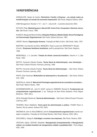 10 REFERÊNCIAS
GONÇALVES, Sérgio de Castro. Patrimônio, Família e Empresa - um estudo sobre as
transformações no mundo da economia empresarial. São Paulo: Negócio Editora, 2000.
HSM Management, Revista n.º 41 – ano 7 – volume 06 – novembro-dezembro 2003.
KOTLER, Philip. Marketing para o Século XXI: Como Criar, Conquistar e Dominar mercados. São Paulo: Futura, 1999.
KUNSCH, Margarida Maria Krohling. Relações Públicas e Modernidade: Novos Paradigmas
na Comunicação Organizacional. São Paulo: Editora Summus, 1997.
LIKERT, Rensis. Organização Humana. Tradução de Mário Cotrim. São Paulo, Atlas, 1975
MARTINS, Ives Gandra da Silva; MENEZES, Paulo Lucena de; BERNHOEFT, Renato
(Coord.). Empresas familiares brasileiras: perfil e perspectivas. São Paulo: Negócio,
1999.
MENDONÇA, J. X. Carvalho. Tratado de direito comercial brasileiro. Volume nº. 3, São
Paulo: 1945.
MOTTA, Fernando Cláudio Prestes. Teoria Geral da Administração: uma introdução. –
São Paulo: Editora Pioneira Thomson Learning, 1998.
MOTTA, Fernando Cláudio Prestes. Teoria Geral da Administração. – São Paulo: Editora
Pioneira Thomson Learning, 2002.
PINTO, Eder Paschoal. Multianálise do desempenho e do potencial. – São Paulo: Editora
STS, 1995.
QUINTELLA, Heitor M. Manual de Psicologia organizacional da consultoria vencedora. –
São Paulo: Makron Books, 1994.
SCHERMERHORN JR., John R; HUNT, James G; OSBORN, Richard N. Fundamentos de
comportamento organizacional. 2. ed. Tradução de Sara Rivka Gedanke. Porto Alegre:
Bookman, 1999. 328 p.
SILVA, Reinaldo Oliveira da. Teoria da Administração. – São Paulo: Editora Pioneira Thomson
Learning, 2001.
TEIXEIRA, Elson Aldalberto. Teoria geral da administração e prática: TGA&P/ Elson A.
Teixeira. Rio de Janeiro: Editora FGV, 2003.
WAGNER III, John A; HOLLENBECK, John R. Comportamento organizacional: criando vantagem competitiva. Tradução de Cid Knipel Moreira. São Paulo: Saraiva, 2003. 496 p.
ZACCARELLI, Sérgio B. Estratégia e sucesso nas empresas, São Paulo: Saraiva, 2000
VECCHIO, Egidio; VECHIO, Elisabeth. Reengenharia Comportamental x Reengenharia
radical: um modelo brasileiro de reengenharia voltado à qualidade total. - Porto Alegre:
AGE, 1994.
95

 
