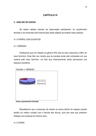 30



                                         CAPÍTULO IV


4. ANÁLISE DE DADOS


      Os dados obtidos através da observação participante, do questionário
fechado e da entrevista semi-estruturada serão objetos de análise neste capítulo.


4.1 O PERFIL DOS SUJEITOS


4.1.1GÊNERO


      Analisamos que em relação ao gênero 20% são do sexo masculino e 80% do
sexo feminino. Esse fato nos mostra que as escolas ainda são compostas em sua
maioria pelo sexo feminino, um fato que historicamente ainda permanece nos
espaços escolares.


  FIGURA 1: GÊNERO



           20 %
                                Sexo Feminino
                  80 %
                                Sexo Masculino




  Figura 1: Dados do questionário fechado


  Fonte: questionário fechado



      Ressaltamos que a presença de ambos os sexos dentro do espaço escolar
facilita um melhor contato com a família dos alunos, pois tem pais que preferem
dialogar com pessoas do mesmo sexo.


4.1.2 IDADE
 