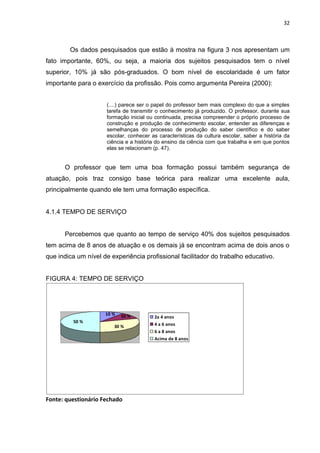 32



        Os dados pesquisados que estão à mostra na figura 3 nos apresentam um
fato importante, 60%, ou seja, a maioria dos sujeitos pesquisados tem o nível
superior, 10% já são pós-graduados. O bom nível de escolaridade é um fator
importante para o exercício da profissão. Pois como argumenta Pereira (2000):


                     (....) parece ser o papel do professor bem mais complexo do que a simples
                     tarefa de transmitir o conhecimento já produzido. O professor, durante sua
                     formação inicial ou continuada, precisa compreender o próprio processo de
                     construção e produção de conhecimento escolar, entender as diferenças e
                     semelhanças do processo de produção do saber científico e do saber
                     escolar, conhecer as características da cultura escolar, saber a história da
                     ciência e a história do ensino da ciência com que trabalha e em que pontos
                     elas se relacionam (p. 47).


      O professor que tem uma boa formação possui também segurança de
atuação, pois traz consigo base teórica para realizar uma excelente aula,
principalmente quando ele tem uma formação específica.


4.1.4 TEMPO DE SERVIÇO


      Percebemos que quanto ao tempo de serviço 40% dos sujeitos pesquisados
tem acima de 8 anos de atuação e os demais já se encontram acima de dois anos o
que indica um nível de experiência profissional facilitador do trabalho educativo.


FIGURA 4: TEMPO DE SERVIÇO




                     10 %   10 %        2a 4 anos
         50 %
                        30 %            4 a 6 anos
                                        6 a 8 anos
                                        Acima de 8 anos




Fonte: questionário Fechado
 