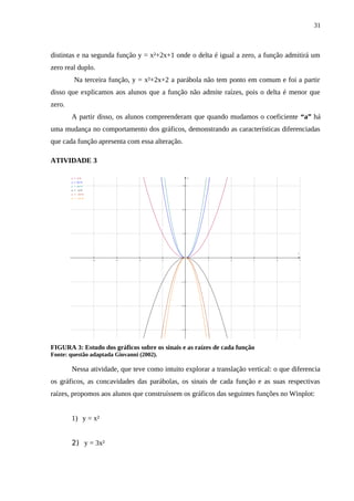 31



distintas e na segunda função y = x²+2x+1 onde o delta é igual a zero, a função admitirá um
zero real duplo.
         Na terceira função, y = x²+2x+2 a parábola não tem ponto em comum e foi a partir
disso que explicamos aos alunos que a função não admite raízes, pois o delta é menor que
zero.
        A partir disso, os alunos compreenderam que quando mudamos o coeficiente “a” há
uma mudança no comportamento dos gráficos, demonstrando as características diferenciadas
que cada função apresenta com essa alteração.

ATIVIDADE 3

        y = x^2                                      y
        y = 3x^2
        y = 4x^2                                 3
        y = -x^2
        y = -3x^2
        y = -4x^2



                                                 2




                                                 1




                                                                                       x

                    −4   −3     −2         −1            1     2       3       4           5




                                                −1




                                                −2




                                                −3




FIGURA 3: Estudo dos gráficos sobre os sinais e as raízes de cada função
Fonte: questão adaptada Giovanni (2002).

        Nessa atividade, que teve como intuito explorar a translação vertical: o que diferencia
os gráficos, as concavidades das parábolas, os sinais de cada função e as suas respectivas
raízes, propomos aos alunos que construíssem os gráficos das seguintes funções no Winplot:


        1) y = x²


        2) y = 3x²
 