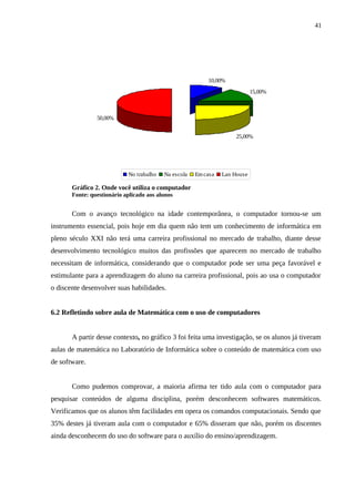 41




                                                          10,00%
                                                                            15,00%



                50,00%


                                                                    25,00%




                            No trabalho   Na escola   Em casa   Lan House

       Gráfico 2. Onde você utiliza o computador
       Fonte: questionário aplicado aos alunos


       Com o avanço tecnológico na idade contemporânea, o computador tornou-se um
instrumento essencial, pois hoje em dia quem não tem um conhecimento de informática em
pleno século XXI não terá uma carreira profissional no mercado de trabalho, diante desse
desenvolvimento tecnológico muitos das profissões que aparecem no mercado de trabalho
necessitam de informática, considerando que o computador pode ser uma peça favorável e
estimulante para a aprendizagem do aluno na carreira profissional, pois ao usa o computador
o discente desenvolver suas habilidades.


6.2 Refletindo sobre aula de Matemática com o uso de computadores


       A partir desse contexto, no gráfico 3 foi feita uma investigação, se os alunos já tiveram
aulas de matemática no Laboratório de Informática sobre o conteúdo de matemática com uso
de software.


       Como pudemos comprovar, a maioria afirma ter tido aula com o computador para
pesquisar conteúdos de alguma disciplina, porém desconhecem softwares matemáticos.
Verificamos que os alunos têm facilidades em opera os comandos computacionais. Sendo que
35% destes já tiveram aula com o computador e 65% disseram que não, porém os discentes
ainda desconhecem do uso do software para o auxílio do ensino/aprendizagem.
 