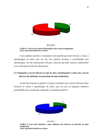 42




                                                                       35%




                       65%




                                                 Sim   Não

       Gráfico 3. Você já teve aula de Matemática com o uso de computador
       Fonte: questionário aplicado aos alunos


       Como pudemos perceber o computador é um aparelho que muito favorece o ensino e
aprendizagem do aluno, pois sua tela tem inúmeras aberturas e possibilidades para
aprendizagem, um fato extremamente útil para o discente que pode construir conhecimento
com a utilização de softwares educacionais.


6.3 Analisando o uso do software na sala de aula e questionando se aulas com o uso de
     software são suficientes ou necessitam de aulas tradicionais


       A partir das respostas no gráfico 4, os quais constatamos que o uso de softwares é bem
favorável ao ensino e aprendizagem do aluno, uma vez que tal programa estabelece
possibilidades para visualização, ampliação e simulação de gráficos.




                                                             20%




                                 80%




                                                 Sim   Não

       Gráfico 4. Você acha suficiente a aula realizada com software ou necessita de aulas
       tradicionais
       Fonte: questionário aplicado aos alunos
 