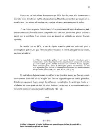 43



       Neste caso os indicadores demonstram que 80% dos discentes acha interessante e
inovador o uso de software e 20% acham suficiente. Mas todos concordam que devem ter as
duas formas, com aulas tradicionais e com o uso de software, pois necessitam de ambas.


        O uso de um programa é muito favorável ao ensino/aprendizagem do aluno que pode
desenvolver suas habilidades com o computador não limitando ao discente apenas ao lápis e
papel, pois a tecnologia é um recurso novo que podem ser utilizado por aqueles desejam
aprender.


       De acordo com os PCN, o uso de alguns softwares pode ser muito útil para a
construção de gráficos, no qual é bem mais fácil visualizar as informações gráficas da função,
explicita pelos PCN:


                         [...] Hoje a computação gráfica é um recurso bastante estimulador para a
                         compreensão e analise do comportamento dos gráficos de funções com alterações
                         que estes sofrem quando ocorrem mudanças nos parâmetros de suas equações.
                         Assim a visualização e a leitura de informações gráficas em matemática são bem
                         mais importantes, pois auxiliam na compreensão de conceitos e o desenvolvimentos
                         de capacidades gráficas. (BRASIL, apud, MAIA, 2007, p.59).


       Os indicadores abaixo mostram no gráfico 5, que dos vinte alunos que fizeram o mini-
curso tiveram êxito com uso do Winplot para facilitar a aprendizagem de função quadrática.
Pois foram capazes de fazer o estudo do gráfico,um exemplo disso é o gráfico da função y =
x² obtidos por translações verticais em torno do eixo x, no entanto se houve uma constante a
variável x implica em uma translação horizontal y = (x + q)².



                                          0,00%




                                        100,00%




                                        Sim      Não

       Gráfico 5. O uso do Winplot facilitou sua aprendizagem de função quadrática
       Fonte: questionário aplicado aos alunos
 