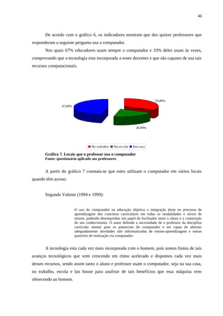 46



       De acordo com o gráfico 6, os indicadores mostram que dos quinze professores que
responderam a seguinte pergunta usa o computador.
       Nos quais 67% educadores usam sempre o computador e 33% deles usam às vezes,
comprovando que a tecnologia esta incorporada a esses docentes e que são capazes de usa tais
recursos computacionais.




                                                                            33,00%
                 47,00%




                                                                20,00%




                                    No trabalho   Na escola   Em casa

       Gráfico 7. Locais que o professor usa o computador
       Fonte: questionário aplicado aos professores


       A partir do gráfico 7 constata-se que estes utilizam o computador em vários locais
quando têm acesso.


       Segundo Valente (1994 e 1999):


                          O uso do computador na educação objetiva a integração deste no processo de
                          aprendizagem dos conceitos curriculares em todas as modalidades e níveis de
                          ensino, podendo desempenhar um papel de facilitador entre o aluno e a construção
                          do seu conhecimento. O autor defende a necessidade de o professor da disciplina
                          curricular atentar para os potenciais do computador e ser capaz de alternar
                          adequadamente atividades não informatizadas de ensino-aprendizagem e outras
                          passíveis de realização via computador.


       A tecnologia esta cada vez mais incorporada com o homem, pois somos frutos de tais
avanços tecnológicos que vem crescendo em ritmo acelerado e dispomos cada vez mais
desses recursos, sendo assim tanto o aluno e professor usam o computador, seja na sua casa,
no trabalho, escola e lan house para usufruir de tais benefícios que essa máquina vem
oferecendo ao homem.
 