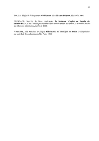 53



SOUZA, Sérgio de Albuquerque. Gráficos de 2D e 3D com Winplot, São Paulo 2004.

TRINDADE, Marcelo da Silva. Aplicações do Software Winplot no Estudo da
Matemática. GT 02 – Educação Matemática no Ensino Médio e Superior. Encontro Gaúcho
de Educação Matemática, Junho de 2009.

VALENTE, José Armando e Colegas. Informática na Educação no Brasil. O computador
na sociedade do conhecimento São Paulo 1993.
 