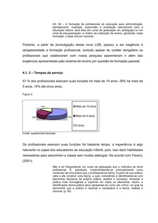 Art. 64 – A formação de profissionais de educação para administração,
                        planejamento, inspeção, supervisão e orientação educacional para a
                        educação básica, será feita em curso de graduação em pedagogia ou em
                        nível de pós-graduação, a critério da instituição de ensino, garantida, nesta
                        formação, a base comum nacional.


Portanto, a partir da promulgação dessa nova LDB, passou a ser exigência e
obrigatoriedade a formação profissional, contudo apesar do caráter obrigatório os
profissionais que colaboraram com nossa pesquisa aparentaram ir além das
exigências apresentadas pelo sistema de ensino por questão de formação pessoal.


4.1. 2 – Tempos de serviço

57 % dos profissionais exercem suas funções há mais de 10 anos. 29% há mais de
5 anos, 14% até cinco anos.

Figura 2



              14%                           Mais de 10 anos


       29%                          57%
                                            Mais de 5 anos


                                            5 anos

Fonte: questionário fechado



Os profissionais exercem suas funções há bastante tempo, a experiência é algo
relevante no papel dos educadores da educação infantil, pois, isso dará habilidades
necessárias para assumirem a classe sem muitas delongas. De acordo com Fávero,
(2001):
                        Não é só frequentando um curso de graduação que o indivíduo se torna
                        profissional. É, sobretudo, comprometendo-se profundamente como
                        construtor de uma práxis que o profissional se forma. A partir de sua prática,
                        cabe a ele construir uma teoria, a qual, coincidindo e identificando-se com
                        elementos decisivos da própria prática, acelera o processo, tornando a
                        prática mais homogênea e coerente em todos os elementos. Assim, a
                        identificação teoria-prática deve apresentar-se como ato crítico, no qual se
                        demonstra que a prática é racional e necessária e a teoria, realista e
                        racional. (p. 65)
 