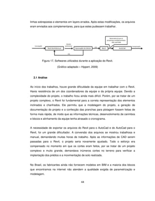 44
linhas sobrepostas e elementos em layers errados. Após estas modificações, os arquivos
eram enviados aos complementares, para que estes pudessem trabalhar.
Figura 17. Softwares utilizados durante a aplicação do Revit.
(Gráfico adaptado – Hippert, 2009)
2.1 Análise
Ao início dos trabalhos, houve grande dificuldade da equipe em trabalhar com o Revit.
Havia resistência de um dos coordenadores da equipe e da própria equipe. Devido a
complexidade do projeto, o trabalho ficou ainda mais difícil. Porém, por se tratar de um
projeto complexo, o Revit foi fundamental para a correta representação dos elementos
inclinados e chanfrados. Ele permitiu que a modelagem do projeto, a geração de
documentação do projeto e a confecção das pranchas para plotagem fossem feitas de
forma mais rápida, de modo que as informações técnicas, desenvolvimento de carimbos
e blocos e alinhamento da equipe tenha atrasado o cronograma.
A necessidade de exportar os arquivos do Revit para o AutoCad e do AutoCad para o
Revit, foi um grande dificultador. A conversão dos arquivos se mostrou trabalhosa e
manual, demandando muitas horas de trabalho. Após as informações de CAD serem
passadas para o Revit, o projeto seria novamente ajustado. Todo o esforço era
compensado no momento em que os cortes eram feitos, por se tratar de um projeto
complexo e muito grande, demandava inúmeros cortes no terreno para verificar a
implantação dos prédios e a movimentação de solo realizada.
No Brasil, os fabricantes ainda não fornecem modelos em BIM e a maioria dos blocos
que encontramos na internet não atendem a qualidade exigida de parametrização e
modelagem.
 