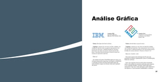 Análise Gráfica
Logotipo IBM
International Business
Machines, PAUL RAND, 1972

Nome: abreviação inicial não acrônima.
Logotipo: composto por três letras em bold e serifadas, sem
variação de espessura com um pequeno espacejamento entre
as letras em caixa alta. É também formado por oito faixas
horizontais com espaço que possui a mesma espessura das
faixas. Estas faixas possuem divisões verticais ao iniciar até
terminar de representar cada letra.
Cor: azul
Ao compor essa marca Paul Rand optou por usar a cor
azul para representar segurança, tecnologia e estabilidade
e ao dividir as letras em faixas horizontais temos de
modo dinâmico algum movimento dado pela repetição
das faixas.

26

Logotipo Eron
Compania de energia localizada
em Houston, Texas, PAUL
RAND, 1996

Nome: não detectada a origem do nome.
Logotipo: composto por cinco letras em bold não serifadas,
com variações de espessuras e bom espacejamento entre as letras
em caixa alta. É também formado por uma representação através
de linhas de contorno da letra E. Unem-se as letras E e N.
Cor: azul, vermelho e verde
Esta marca possui uma inclinação de 45° para que
possamos reconhecer rapidamente a letra E, formada pelas
linhas de contorno.
Suas cores separam este E em três partes mostrando
assim a diversidade de produtos oferecidos pela empresa.
A cor vermelha ressalta e convida o observador para
interpretar o logo. Já a verde apresenta a parte sustentável
da empresa e o azul transmite credibilidade e confiança.

27

 