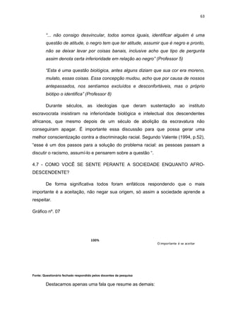 63



        “... não consigo desvincular, todos somos iguais, identificar alguém é uma
        questão de atitude, o negro tem que ter atitude, assumir que é negro e pronto,
        não se deixar levar por coisas banais, inclusive acho que tipo de pergunta
        assim denota certa inferioridade em relação ao negro” (Professor 5)

        “Esta é uma questão biológica, antes alguns diziam que sua cor era moreno,
        mulato, essas coisas. Essa concepção mudou, acho que por causa de nossos
        antepassados, nos sentíamos excluídos e desconfortáveis, mas o próprio
        biótipo o identifica” (Professor 8)

        Durante séculos, as ideologias que deram sustentação ao instituto
escravocrata insistiram na inferioridade biológica e intelectual dos descendentes
africanos, que mesmo depois de um século de abolição da escravatura não
conseguiram apagar. É importante essa discussão para que possa gerar uma
melhor conscientização contra a discriminação racial. Segundo Valente (1994, p.52),
“esse é um dos passos para a solução do problema racial: as pessoas passam a
discutir o racismo, assumí-lo e pensarem sobre a questão “.

4.7 - COMO VOCÊ SE SENTE PERANTE A SOCIEDADE ENQUANTO AFRO-
DESCENDENTE?

        De forma significativa todos foram enfáticos respondendo que o mais
importante é a aceitação, não negar sua origem, só assim a sociedade aprende a
respeitar.

Gráfico nº. 07




                                     100%
                                                                    O importante é se aceitar




Fonte: Questionário fechado respondido pelos docentes da pesquisa


        Destacamos apenas uma fala que resume as demais:
 