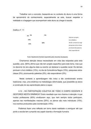 69



        Trabalhar com o concreto, baseando-se no contexto do aluno é uma forma
de aproximá-lo do conhecimento, especialmente se este, buscar respeitar a
realidade e a bagagem que acompanham este aluno ao chegar à escola.




Gráfico nº. 11


                 5% 5%                      5%
                                                                                      não tem projeto
                  15%                                                                 livro didático
                                        60%                                           dia da consiencia negr
                  15%
                                                                                      pesquisas extra-classe
                                                                                      promovendo palestra
                                                                                      não responderam



                 Fonte: Questionário fechado respondido pelos docentes da pesquisa.


        Chamamos atenção dessa necessidade em vista das respostas para esta
questão, pois, (60%) afirma que não tem projeto específico para este tema, mas que
no decorrer do ano alguma data ou evento vai destacar a questão racial. Os demais
pontuam o livro didático (15%), no dia da Consciência Negra (15%), pesquisas extra-
classe (5%), promovendo palestras (5%), não responderam (5%).

        Neste contexto a aprendizagem não inclui o tão condicionado ensino
tradicional, mas, uma dinâmica na metodologia reformulada, que possibilite ao aluno
a construção do seu aprendizado pleno e capaz.


      4.12 - HÁ PARTICIPAÇÃO COLETIVA DE TODO O CORPO DOCENTE E
GESTORES NESTA DINÂMICA? Outro resultado que nos chamou à atenção, è que
muitos professores (60%) sinalizaram aqui, que nem sempre todos participam,
apenas nas manifestações maiores (20%), os planos são mais individuais (10%),
nos eventos produzidos pela coordenação (10%).

      Podemos fazer uma reflexão em torno desta realidade e averiguar até que
ponto a escola tem cumprido seu papel visando a formação humana.
 