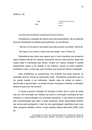 78



Gráfico nº. 20


                                    30%                                se enquadram para serem
                                                                       aceitos
                                 70%
                                                                       Normal




       Fonte:Questionário fechado/aberto respondido pelos discentes da pesquisa


       Percebemos a aceitação da maioria como afro-descendente, não se deixando
levar por comentários ou atitudes preconceituosas, no que afirmam:

       “Normal, eu me aceito e não espero que todos possam me aceitar” (Aluno B)

       “Ser negro é ser humano, muitos não quer aceitar, mas é” (Aluno E)

       Ressaltamos aqui sobre este aspecto que é muito importante que possamos
traçar medidas internas de mudança, precisamos renovar nosso espírito, despir das
roupas sujas e manchadas pelo tempo, inculcar em nossos corações e mentes
pensamentos sadios e de respeito a nós mesmos, porque só assim podemos
considerar o outro, a outra raça, que é humana, que é igual em direitos e dignidade.

       Após analisarmos os questionários, fica evidente que ainda sentimos na
sociedade atual as marcas do preconceito racial. Percebemos claramente que há
um grande desafio a ser enfrentado. Desafio esse de ambas as partes –
discriminado e discriminador, no sentido de fazer mudanças e entender o verdadeiro
sentido do que é ser “ser humano”.

       A escola enquanto instituição de formação humana deve a partir de então
lutar por uma renovação nos métodos de ensino e a formação continuada de seus
docentes e a democratização dos processos educativos, o que devemos começar
pela conscientização para aderir a estas mudanças, dando oportunidade também
aos alunos para enxergarem o valor de uma aprendizagem significativa para suas
vidas, enquanto cidadãos críticos. A esse respeito citamos Romanelli (1995), onde
diz:

                         ... A renovação do ensino não consiste apenas em mudanças de atitude do
                        professor diante do saber científico, mas ainda é especialmente, diante do
 