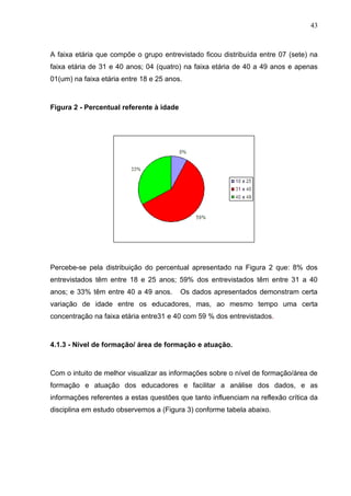 43



A faixa etária que compõe o grupo entrevistado ficou distribuída entre 07 (sete) na
faixa etária de 31 e 40 anos; 04 (quatro) na faixa etária de 40 a 49 anos e apenas
01(um) na faixa etária entre 18 e 25 anos.



Figura 2 - Percentual referente à idade




Percebe-se pela distribuição do percentual apresentado na Figura 2 que: 8% dos
entrevistados têm entre 18 e 25 anos; 59% dos entrevistados têm entre 31 a 40
anos; e 33% têm entre 40 a 49 anos.       Os dados apresentados demonstram certa
variação de idade entre os educadores, mas, ao mesmo tempo uma certa
concentração na faixa etária entre31 e 40 com 59 % dos entrevistados.



4.1.3 - Nível de formação/ área de formação e atuação.



Com o intuito de melhor visualizar as informações sobre o nível de formação/área de
formação e atuação dos educadores e facilitar a análise dos dados, e as
informações referentes a estas questões que tanto influenciam na reflexão crítica da
disciplina em estudo observemos a (Figura 3) conforme tabela abaixo.
 