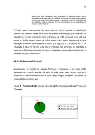 50



                     “Indisciplina, falta de atenção, falta de respeito na verdade acredito que o
                     comportamento deles para a mudança, acontece em casa porque muitos
                     pais pensam que a educação começa é na escola, como se a escola fosse
                     um depósito, então o professor é mil e uma utilidade: é pai, é psicólogo, é
                     terapeuta é tudo” (E. 9).



Contudo, urge a necessidade de trazer para o contexto escolar a participação
familiar, tão carente nessa instituição de ensino. Participação que segundo os
educadores é muito importante para a formação da vida estudantil, uma vez que
escola e família devem andar de mãos dadas para assim, chegarmos a uma
educação realmente emancipatória e social, que segundo a LDB (1996) Art. 2° “A
educação é dever da família e do estado inspirada nos princípios de liberdade e
ideais de solidariedade humana, tem como finalidade o desenvolvimento humano e
seu exercício para a cidadania.”.



4.2.3 – Professor ou Educador?



Questionados a respeito da relação Professor x Educador, e se estes estão
presentes no contexto escolar da sala de aula onde estes atuam, buscando
evidenciar o nível de conhecimento a cerca dessa relação professor / educador, os
entrevistados afirmaram que:


Figura 8 - Percentual referente ao nível de conhecimento da relação Professor/
Educador
 