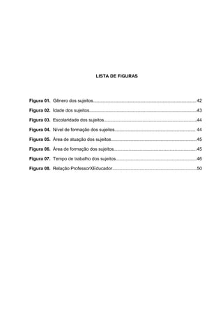 LISTA DE FIGURAS




Figura 01. Gênero dos sujeitos................................................................................... 42

Figura 02. Idade dos sujeitos.......................................................................................43

Figura 03. Escolaridade dos sujeitos...........................................................................44

Figura 04. Nível de formação dos sujeitos................................................................. 44

Figura 05. Área de atuação dos sujeitos.....................................................................45

Figura 06. Área de formação dos sujeitos...................................................................45

Figura 07. Tempo de trabalho dos sujeitos.................................................................46

Figura 08. Relação ProfessorXEducador....................................................................50
 