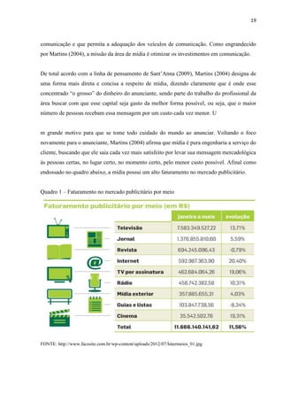 19
comunicação e que permita a adequação dos veículos de comunicação. Como engrandecido
por Martins (2004), a missão da área de mídia é otimizar os investimentos em comunicação.
De total acordo com a linha de pensamento de Sant’Anna (2009), Martins (2004) designa de
uma forma mais direta e concisa a respeito de mídia, dizendo claramente que é onde esse
concentrado “o grosso” do dinheiro do anunciante, sendo parte do trabalho do profissional da
área buscar com que esse capital seja gasto da melhor forma possível, ou seja, que o maior
número de pessoas recebam essa mensagem por um custo cada vez menor. U
m grande motivo para que se tome todo cuidado do mundo ao anunciar. Voltando o foco
novamente para o anunciante, Martins (2004) afirma que mídia é pura engenharia a serviço do
cliente, buscando que ele saia cada vez mais satisfeito por levar sua mensagem mercadológica
às pessoas certas, no lugar certo, no momento certo, pelo menor custo possível. Afinal como
endossado no quadro abaixo, a mídia possui um alto faturamento no mercado publicitário.
Quadro 1 – Faturamento no mercado publicitário por meio
FONTE: http://www.facosite.com.br/wp-content/uploads/2012/07/Intermeios_01.jpg
 
