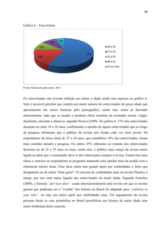 48
Gráfico 6 – Faixa Etária
Fonte: Elaborado pelo autor, 2013.
Os entrevistados não tiveram inibição em relatar a idade sendo esta expressa no gráfico 6.
Nele é possível perceber que contém um maior número de entrevistados de pouca idade que
apresentaram um maior interesse pelo pornográfico, sendo este, como já discutido
anteriormente, tudo que se propõe a produzir efeito imediato de excitação sexual, vulgar,
desafiante, chocante e ofensivo, segundo Picazio (1999). No gráfico 6, 57% dos entrevistados
disseram ter entre 18 e 26 anos, confirmando a opinião de alguns entrevistados que ao longo
da pesquisa afirmaram que o público da revista tem ficado cada vez mais jovem. Os
respondentes da faixa etária de 27 a 34 anos, que contabiliza 18% dos entrevistados, foram
mais contidos durante a pesquisa. Os outros 25% referentes ao restante dos entrevistados
disseram ter de 35 a 53 anos ou mais, sendo eles, o público mais antigo da revista muito
ligado ao ideal que o consumidor deve ir até a banca para comprar a revista. Foram eles mais
claros e concisos ao responderem as perguntas mantendo uma opinião mais de acordo com o
referencial teórico desta. Essa faixa etária tem grande apelo por celebridades e fotos que
designaram ser de maior “bom gosto”. O conceito de celebridades nuas na revista Playboy é
antigo, por isso uma maior ligação dos entrevistados de maior idade. Segundo Gunelius
(2009), a formula “girl next door’’ usada internacionalmente pela revista em que se mostra
garotas que poderiam ser a “vizinha” dos leitores no Brasil foi adaptado para “celebrity in
your tube”, ou seja, um maior apelo por celebridades nuas. Tal engajamento da revista
presente desde os seus primórdios no Brasil possibilitou aos leitores de maior idade uma
maior lembrança deste conceito.
57%
18%
10%
10%
5%
18 à 26
27 à 34
35 à 43
44 à 52
53 ou mais
 