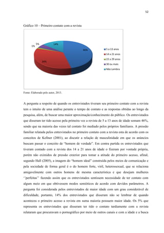 52
Gráfico 10 – Primeiro contato com a revista
Fonte: Elaborado pelo autor, 2013.
A pergunta a respeito de quando os entrevistados tiveram seu primeiro contato com a revista
tem o intuito de uma análise perante o tempo de contato e as respostas obtidas ao longo da
pesquisa, além, de buscar uma maior aproximação/conhecimento do público. Os entrevistados
que disseram ter tido acesso pela primeira vez a revista de 5 a 13 anos de idade somam 46%,
sendo que na maioria das vezes tal contato foi mediado pelos próprios familiares. A pressão
familiar relatada pelos entrevistados no primeiro contato com a revista esta de acordo com os
conceitos de Kellner (2001), ao discutir a relação de masculinidade em que os anúncios
buscam passar o conceito de “homem de verdade”. Em contra partida os entrevistados que
tiveram contado com a revista dos 14 a 21 anos de idade o fizeram por vontade própria,
porém não eximidos de pressão exterior para tomar a atitude do primeiro acesso, afinal,
segundo Hall (2005), a imagem do “homem ideal” construída pelos meios de comunicação e
pela sociedade de forma geral é o do homem forte, viril, heterossexual, que se relaciona
amigavelmente com outros homens de mesma característica e que desejam mulheres
‘’perfeitas’’ fazendo assim que os entrevistados sentissem necessidade de ter contato com
algum meio em que obtivessem modos semióticos de acordo com devidos parâmetros. A
pergunta foi considerada pelos entrevistados de maior idade com um grau considerável de
dificuldade, portanto, 14% dos entrevistados que disseram não se lembrar de quando
aconteceu o primeiro acesso a revista em suma maioria possuem maior idade. Os 5% que
representa os entrevistados que disseram ter tido o contato tardiamente com a revista
relataram que procuravam o pornográfico por meio de outros canais e com a idade e a busca
46%
34%
1%
5% 14%
5 a 13 anos
14 a 21 anos
22 a 29 anos
30 ou mais
Não Lembra
 