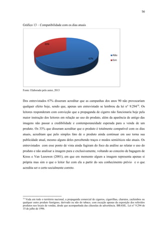 56
Gráfico 13 – Compatibilidade com os dias atuais
Fonte: Elaborado pelo autor, 2013
Dos entrevistados 67% disseram acreditar que as campanhas dos anos 90 não provocariam
qualquer efeito hoje, sendo que, apenas um entrevistado se lembrou da lei n° 9.29414
. Os
leitores responderam com convicção que a propaganda de cigarro não funcionaria hoje pela
maior instrução dos leitores em relação ao uso do produto, além da aparência de antigo das
imagens não passar a credibilidade e contemporaneidade esperada para a venda de um
produto. Os 33% que disseram acreditar que o produto é totalmente compatível com os dias
atuais, acreditam que pelo simples fato de o produto ainda continuar em uso torna sua
publicidade atual, mesmo alguns deles percebendo traços e modos semióticos não atuais. Os
entrevistados com esse ponto de vista ainda fugiram do foco da análise ao relatar o uso do
produto e não analisar a imagem pura e exclusivamente, voltando ao conceito de bagagem de
Kress e Van Leeuwen (2001), em que em momento algum a imagem representa apenas si
própria mas sim o que o leitor faz com ela a partir do seu conhecimento prévio e o que
acredita ser o certo socialmente correto.
14
Veda em todo o território nacional, a propaganda comercial de cigarros, cigarrilhas, charutos, cachimbos ou
qualquer outro produto fumígeno, derivado ou não do tabaco, com exceção apenas da exposição dos referidos
produtos nos locais de vendas, desde que acompanhada das cláusulas de advertência. BRASIL. Lei n° 9.294 de
15 de julho de 1996.
67%
33%
Não
Sim
 