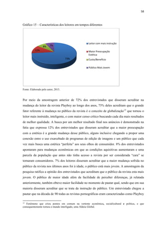 58
Gráfico 15 – Características dos leitores em tempos diferentes
Fonte: Elaborado pelo autor, 2013.
Por meio da amostragem anterior de 72% dos entrevistados que disseram acreditar na
mudança do leitor da revista Playboy ao longo dos anos, 73% deles acreditam que o grande
fator referente à mudança no público da revista é o conceito de globalização15
que tornou o
leitor mais instruído, inteligente, e com maior censo crítico buscando cada dia mais resultados
de melhor qualidade. A busca por um melhor resultado final nos anúncios é demonstrado na
fatia que expressa 12% dos entrevistados que disseram acreditar que a maior preocupação
com a estética é a grande mudança desse público, alguns inclusive chegando a propor uma
conexão entre o uso exarcebado de programas de edição de imagens e um público que cada
vez mais busca uma estética “perfeita” aos seus olhos de consumidor. 8% dos entrevistados
apontaram para mudanças econômicas em que as condições aquisitivas aumentaram e uma
parcela da população que antes não tinha acesso a revista por ser considerada “cara” se
tornaram consumidores. 7% dos leitores disseram acreditar que a maior mudança sofrida no
público da revista nos últimos anos foi à idade, o público está mais jovem. A amostragem da
pesquisa ratifica a opinião dos entrevistados que acreditam que o público da revista esta mais
jovem. O público de maior idade além da facilidade de perceber diferenças, já relatada
anteriormente, também obteve maior facilidade no momento de pautar qual, sendo que em sua
maioria disseram acreditar que se trata da instrução do público. Um entrevistado chegou a
pautar que na década de 90 todas as revistas pornográficas eram caracterizadas como Playboy
15
Fenômeno que criou pontos em comum na vertente econômica, social/cultural e política, e que
consequentemente tornou o mundo interligado, uma Aldeia Global.
73%
12%
8% 7%
Leitor com mais instrução
Maior Preocupação
Estética
Custo/Benefício
Público Mais Jovem
 