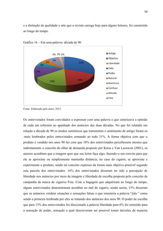 59
e a distinção de qualidade e arte que a revista carrega hoje para alguns leitores, foi construída
ao longo do tempo.
Gráfico 16 – Em uma palavra: década de 90
Fonte: Elaborado pelo autor, 2013.
Os entrevistados foram convidados a expressar com uma palavra o que sintetizava a opinião
de cada um referente ao apanhado dos anúncios das duas décadas. No que foi relatado em
relação a década de 90 os modos semióticos que transmitem o sentimento de antigo foram os
.mais lembrados pelos entrevistados somando ao todo 31%. A forma objetiva com que o
produto é vendido nos anos 90 fez com que 18% dos entrevistados percebessem mesmo que
indiretamente o conceito do olhar de demanda proposto por Kress e Van Leeuwen (2001), os
autores acreditam que a imagem quer que seu leitor faça algo, fazendo-o um convite para que
ele se aproxime ou simplesmente mantenha distância, no caso do cigarro, se aproxime e
experimente o produto, sendo tal conceito expresso da forma mais objetiva possível segundo
esta parcela dos entrevistados. 16% dos entrevistados disseram ter tido a percepção de
liberdade nos anúncios por meio da imagem e liberdade de escolha proposta pelo conceito da
campanha da marca de cigarros Free. Com a bagagem que adquiriram ao longo do tempo,
alguns entrevistados demonstraram acreditar no mal do cigarro, sendo assim, 13% disseram
que os anúncios vendem situações e sensações falsas o que remeteria a palavra “fake” como
sendo a primeira lembrada por eles se tratando dos anúncios dos anos 90. O poder de escolha
que para 13% dos entrevistados foi direcionado a palavra liberdade para 6% foi remetido para
a sensação de poder, sensação a qual descreveram ser possível tomar decisões da maneira
31%
18%16%
13%
6%
5%
5%
2% 2% 2% Antigo
Objetivo
Liberdade
Fake
Poder
Natural
Aventura
Confuso
Atitude
Feio
 
