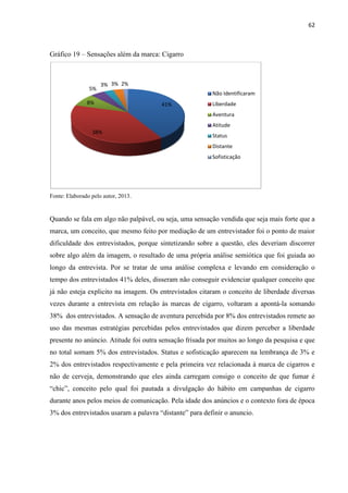 62
Gráfico 19 – Sensações além da marca: Cigarro
Fonte: Elaborado pelo autor, 2013.
Quando se fala em algo não palpável, ou seja, uma sensação vendida que seja mais forte que a
marca, um conceito, que mesmo feito por mediação de um entrevistador foi o ponto de maior
dificuldade dos entrevistados, porque sintetizando sobre a questão, eles deveriam discorrer
sobre algo além da imagem, o resultado de uma própria análise semiótica que foi guiada ao
longo da entrevista. Por se tratar de uma análise complexa e levando em consideração o
tempo dos entrevistados 41% deles, disseram não conseguir evidenciar qualquer conceito que
já não esteja explicito na imagem. Os entrevistados citaram o conceito de liberdade diversas
vezes durante a entrevista em relação às marcas de cigarro, voltaram a apontá-la somando
38% dos entrevistados. A sensação de aventura percebida por 8% dos entrevistados remete ao
uso das mesmas estratégias percebidas pelos entrevistados que dizem perceber a liberdade
presente no anúncio. Atitude foi outra sensação frisada por muitos ao longo da pesquisa e que
no total somam 5% dos entrevistados. Status e sofisticação aparecem na lembrança de 3% e
2% dos entrevistados respectivamente e pela primeira vez relacionada à marca de cigarros e
não de cerveja, demonstrando que eles ainda carregam consigo o conceito de que fumar é
“chic”, conceito pelo qual foi pautada a divulgação do hábito em campanhas de cigarro
durante anos pelos meios de comunicação. Pela idade dos anúncios e o contexto fora de época
3% dos entrevistados usaram a palavra “distante” para definir o anuncio.
41%
38%
8%
5%
3% 3% 2%
Não Identificaram
Liberdade
Aventura
Atitude
Status
Distante
Sofisticação
 