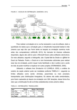 decisão 19
FIGURA 4 - ESCOLHA DE DISTRIBUIÇÃO (DAMORAN, 2013).
Para realizar a simulação em si, se faz necessário o uso de software, dado a
quantidade de dados que a simulação gera, é virtualmente impossível realizar à mão
(mesmo que seja dito que Fermi tenha se lançado na simulação numérica muito
antes dos computadores) (JAKULIN, 2013). No mercado há diversos softwares
disponíveis, alguns são add-on para o Microsoft Excel, outros softwares stand-alone.
Os mais utilizados, segundo a bibliografia, são: Crystal Ball da Oracle e o @Risk for
Excel da Palisade. Porém, o Excel em si tem ferramentas suficientes para realizar
esse tipo de simulação, porém requer muita habilidade e não é prático sob o ponto
de vista de poder modificar e reaplicar em outros projetos (FERNANDES, 2005).
Utilizando o software livre Simulación 4.0 (VARELA, 2003), a análise de
cenário da seção anterior pode ser modelada conforme TABELA 4 - seguindo os
limites utilizados como sendo: otimistas, pessimistas ou mais prováveis;
transportados para distribuições triangulares. Os valores não estão arredondados,
pois foram capturados já depois da simulação com 30K iterações, dessa forma fica
claro que a distribuição foi até os limites estabelecidos (muito próximo deles).
TABELA 4 - DISTRIBUIÇÕES TRIANGULARES
 
