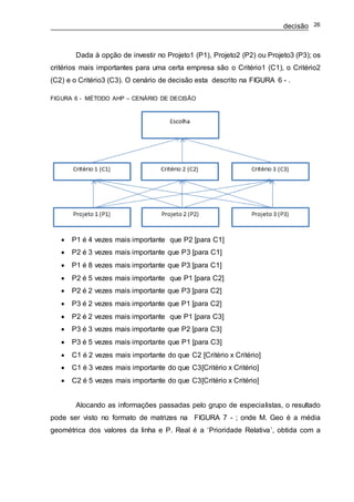 decisão 26
Dada à opção de investir no Projeto1 (P1), Projeto2 (P2) ou Projeto3 (P3); os
critérios mais importantes para uma certa empresa são o Critério1 (C1), o Critério2
(C2) e o Critério3 (C3). O cenário de decisão esta descrito na FIGURA 6 - .
FIGURA 6 - MÉTODO AHP – CENÁRIO DE DECISÃO
 P1 é 4 vezes mais importante que P2 [para C1]
 P2 é 3 vezes mais importante que P3 [para C1]
 P1 é 8 vezes mais importante que P3 [para C1]
 P2 é 5 vezes mais importante que P1 [para C2]
 P2 é 2 vezes mais importante que P3 [para C2]
 P3 é 2 vezes mais importante que P1 [para C2]
 P2 é 2 vezes mais importante que P1 [para C3]
 P3 é 3 vezes mais importante que P2 [para C3]
 P3 é 5 vezes mais importante que P1 [para C3]
 C1 é 2 vezes mais importante do que C2 [Critério x Critério]
 C1 é 3 vezes mais importante do que C3[Critério x Critério]
 C2 é 5 vezes mais importante do que C3[Critério x Critério]
Alocando as informações passadas pelo grupo de especialistas, o resultado
pode ser visto no formato de matrizes na FIGURA 7 - ; onde M. Geo é a média
geométrica dos valores da linha e P. Real é a ‘Prioridade Relativa’, obtida com a
 