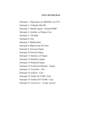 LISTA DE FIGURAS

Ilustração 1 - Mapa lógico da ARPANET, em 1973
Ilustração 2 - O Modelo ISO OSI
Ilustração 3 - Modelo Agente – Gerente SNMP
Ilustração 4 - Interface web Nagios Core
Ilustração 5 - The Dude
Ilustração 6: Cacti
Ilustração 7: PhpMyAdmin
Ilustração 8: Mapa de rede The Dude
Ilustração 9: Statusmap Nagios
Ilustração 10: Serviços Nagios
Ilustração 11: Interface web Nagios
Ilustração 12: Relatórios Nagios
Ilustração 13: Relatórios Nagios
Ilustração 14: E-mail de notificação – Nagios
Ilustração 15: TouchMon – iOS
Ilustração 16: Gráficos - Cacti
Ilustração 17: Gráfico Oi 75 MB - Cacti
Ilustração 18: Gráfico GVT 30 MB – Cacti
Ilustração 19: CactiViewer – Google Android

 