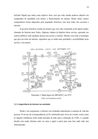 18

Inclusão Digital que tinha como objetivo fazer com que todo mundo pudesse adquirir um
computador de qualidade com direito a financiamento do mesmo. Desde então, muitos
computadores foram adquiridos pela população brasileira, mas nem todos eles acessam a
internet.
O governo brasileiro estuda um projeto que vem sido comentado já há algum tempo,
chamado de Internet para Todos. Algumas cidades já dispõem desse serviço, operando em
centros públicos onde qualquer pessoa tem acesso a internet. Mesmo com toda a tecnologia
que gira em torno da internet, esperamos que se tenha mais qualidade e acessibilidade neste
serviço, e nos preços.

Ilustração 1: Mapa lógico da ARPANET, em 1973
Fonte: www.hardware.com.br

1.2 A importância da internet na sociedade

Desde o seu surgimento, a Internet vem mudando radicalmente a maneira de vida das
pessoas. O serviço de correspondências já foi substituído pelo envio de e-mails, assim como
as ligações telefônicas estão sendo deixadas de lado para a utilização do VoIP, e o grande
desafio está sendo eliminar cada vez mais o papel e partir para uma fase onde tudo será
informatizado.

 