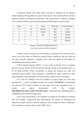 23

O protocolo Internet (IP) versão quatro necessita da atribuição de um endereço
Internet (endereço IP) organizado em quatro octetos (bytes). Estes octetos definem um único
endereço dividido em uma parte que representa a rede a qual pertence o endereço, em alguns
casos a subrede também, e por fim a representação particular daquele sistema na rede.
Classe

2n

Hosts

Bits Iniciais

Primeiro Octeto

A

24

167.772

0xxx

0-127

B

16

65.536

10xx

128-191

C

8

256

110x

128-191

D

-

-

1110

224-239

E

-

-

1111

240-255

Quadro 2: Quadro de endereçamento IP
Fonte: http://mesonpi.cat.cbpf.br/naj/tcpipf.pdf

A tabela acima nos mostra como são formados os endereços IP de acordo com suas
classes. Com o IPv4 temos 4,3 bilhões de endereços únicos disponíveis, mas esse número já
está quase saturado, obrigando a migração para o IPv6 que dispõe de 340 trilhões de
possibilidades para endereços únicos.
O IPv6, segundo Smetana (2004?) , é a nova versão do Internet Protocol, projetado
para ser o sucessor do IPv4. O IPv6 foi desenvolvido para atender as necessidades atuais e as
de um futuro próximo. Foram considerados os desejos das empresas por redes com
arquiteturas mais escaláveis, maior segurança e integridade dos dados, extensões ao QoS,
autoconfiguração, maior agregação no nível do backbone global e outras necessidades.
Os 32 bits dos endereços IPv4 são divididos em quatro grupos de 8 bits cada,
separados por ―.‖, escritos com dígitos decimais. Por exemplo: 192.168.0.10. A representação
dos endereços IPv6, divide o endereço em oito grupos de 16 bits, separando-os por ―:‖,
escritos

com

dígitos

hexadecimais

(0-F).

Por

exemplo:

2001:0DB8:AD1F:25E2:CADE:CAFE:F0CA:84C1. (NÚCLEO DE INFORMAÇÃO E
COORDENAÇÃO DO PONTO BR, 2010)
Como vimos anteriormente, o IP é definido na camada três do modelo de referência
OSI. Esta camada é responsável pelo endereçamento dos pacotes de informação dos
dispositivos origem e destino e possível roteamento entre as respectivas redes, se diferentes.
Este roteamento é executado através do IP. (CBPF, 2011)

 