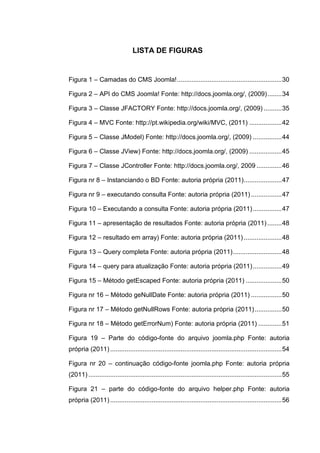 LISTA DE FIGURAS
Figura 1 – Camadas do CMS Joomla!..........................................................30
Figura 2 – API do CMS Joomla! Fonte: http://docs.joomla.org/, (2009)........34
Figura 3 – Classe JFACTORY Fonte: http://docs.joomla.org/, (2009) ..........35
Figura 4 – MVC Fonte: http://pt.wikipedia.org/wiki/MVC, (2011) ..................42
Figura 5 – Classe JModel) Fonte: http://docs.joomla.org/, (2009) ................44
Figura 6 – Classe JView) Fonte: http://docs.joomla.org/, (2009) ..................45
Figura 7 – Classe JController Fonte: http://docs.joomla.org/, 2009 ..............46
Figura nr 8 – Instanciando o BD Fonte: autoria própria (2011).....................47
Figura nr 9 – executando consulta Fonte: autoria própria (2011) .................47
Figura 10 – Executando a consulta Fonte: autoria própria (2011)................47
Figura 11 – apresentação de resultados Fonte: autoria própria (2011)........48
Figura 12 – resultado em array) Fonte: autoria própria (2011) .....................48
Figura 13 – Query completa Fonte: autoria própria (2011)...........................48
Figura 14 – query para atualização Fonte: autoria própria (2011)................49
Figura 15 – Método getEscaped Fonte: autoria própria (2011) ....................50
Figura nr 16 – Método geNullDate Fonte: autoria própria (2011) .................50
Figura nr 17 – Método getNullRows Fonte: autoria própria (2011)...............50
Figura nr 18 – Método getErrorNum) Fonte: autoria própria (2011) .............51
Figura 19 – Parte do código-fonte do arquivo joomla.php Fonte: autoria
própria (2011) ...............................................................................................54
Figura nr 20 – continuação código-fonte joomla.php Fonte: autoria própria
(2011) ...........................................................................................................55
Figura 21 – parte do código-fonte do arquivo helper.php Fonte: autoria
própria (2011) ...............................................................................................56
 