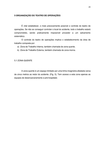 24
5 ORGANIZAÇÃO DO TEATRO DE OPERAÇÕES
É vital estabelecer, o mais precocemente possível o controle do teatro de
operações. Se não se conseguir controlar o local do acidente, todo o trabalho estará
comprometido, sendo praticamente impossível proceder a um salvamento
sistemático.
O controle do teatro de operações implica o estabelecimento da área de
trabalho composta por:
a) Zona de Trabalho Interna, também chamada de zona quente.
b) Zona de Trabalho Externa, também chamada de zona morna.
5.1 ZONA QUENTE
A zona quente é um espaço limitado por uma linha imaginária afastada cerca
de cinco metros ao redor do acidente. (Fig. 5). Tem acesso a esta zona apenas as
equipes de desencarceramento e pré-hospitalar.
 